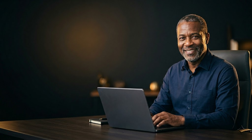 Business professional at a desk with a laptop