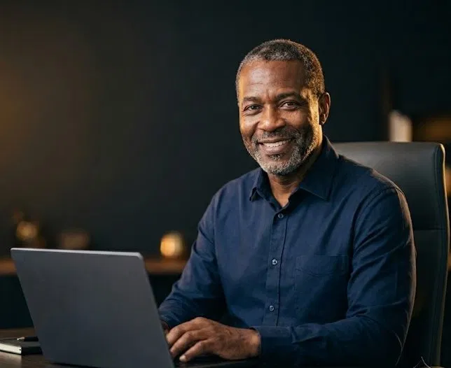 Business professional at a desk with a laptop